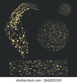 Abstract design elements - gold splashes, drops, dots - isolated on black background - vector. Creative modern design concept