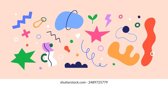 Elementos de diseño Abstractas ambientados en estilo moderno doodle. Formas orgánicas creativas, garabatos, decoraciones cómicas, Paquete de artes Clips. Divertidas figuras irregulares decorativas, líneas. Ilustración vectorial plana