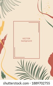Abstract design with elements of tropical leaves on a background of geometric shapes. Modern art print on wallpaper, wrapping paper, clothing, fill, decor. Flat style. Vector illustration
