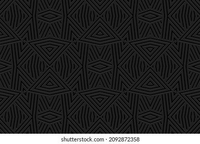 Abstract design embossed geometric black background. Vintage ethnic 3D pattern in handmade style. Motives of the peoples of the East, Asia, India, Mexico, Aztec.