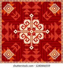 Abstract design in ethnic style. Ornamental snowflake and red background