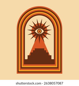 Abstract design with an eye symbol in warm tones. Eye motif with geometric shapes. Eye and pyramid illustration in orange and brown hues. Retro graphic vector.
