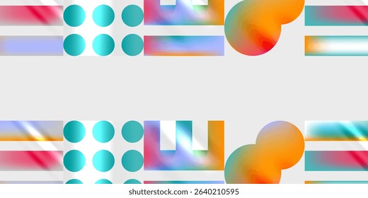 Abstract design features colorful rectangles, circles, gradients. Composition repeats twice, creating symmetrical visual impact. Modern, vibrant aesthetic.
