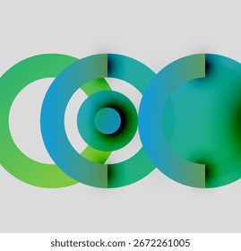 O design abstrato apresenta círculos concêntricos. As cores se misturam do verde ao azul. Composição minimalista, linhas limpas, estética moderna.