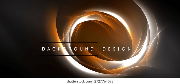 Design abstrato apresenta círculos concêntricos, linhas brilhantes, fundo escuro. Estética moderna, composição dinâmica, apresentação elegante.