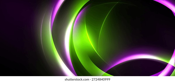El diseño Abstractas presenta líneas curvas, tonos púrpuras y verdes vibrantes. El fondo oscuro enfatiza las Formas brillantes, creando un efecto visual dinámico.