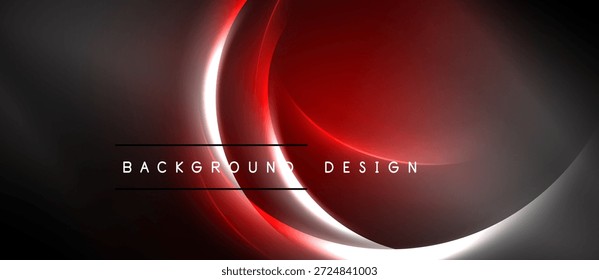 El diseño Abstractas presenta líneas curvas, resplandor rojo, fondo oscuro. El estilo minimalista crea un impacto visual moderno. Simple superposición de texto presente.