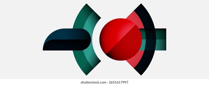 O design abstrato apresenta formas curvas, esferas vermelhas, acentos azuis. Composição minimalista sobre fundo branco. Elemento gráfico moderno.