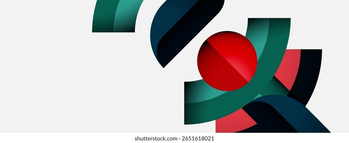 Abstract design features curved shapes, red sphere, teal and navy hues. Minimalist composition, clean lines, modern aesthetic.