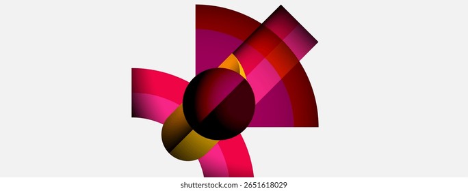 Abstract design features curved shapes, vibrant pinks, burgundy, gold. Central dark circle anchors composition. Minimalist aesthetic.