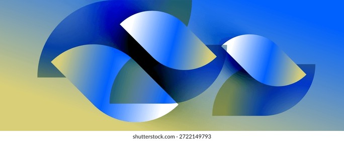 Abstract design features flowing blue shapes against yellow, gradient background. Modern, dynamic composition evokes movement, energy.