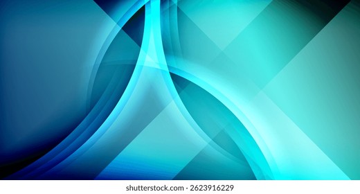 Abstract design features flowing curves, geometric shapes, vibrant blues, teal hues. Dark background enhances luminosity, creating dynamic visual effect.