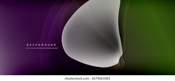 O design abstrato apresenta curvas fluindo, roxo, tons verdes. Fundo escuro cria efeito visual dramático. Composição moderna e elegante.
