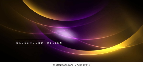 O design abstrato apresenta curvas fluindo, cores vibrantes. Gradientes roxos, laranja e amarelos criam um efeito visual dinâmico. Fundo escuro aumenta a luminosidade.