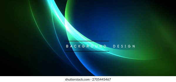 El diseño Abstractas presenta curvas fluidas, tonos azules vibrantes y verdes. El fondo oscuro enfatiza los Elementos de luz brillante, creando un efecto visual dinámico.