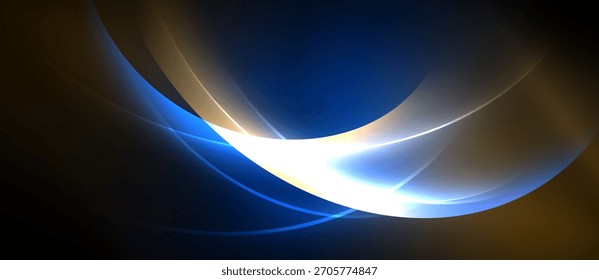 Abstraktes Design mit fließenden Kurven, lebendigen Blues, Gold, Weiß. Dynamische Komposition erzeugt Sinnesbewegung, Energie.
