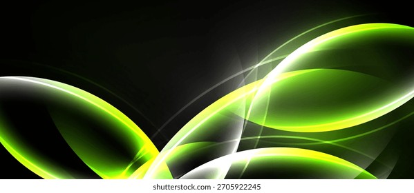Abstract design features flowing curves, bright green, white highlights against dark background. Dynamic composition creates modern visual effect.