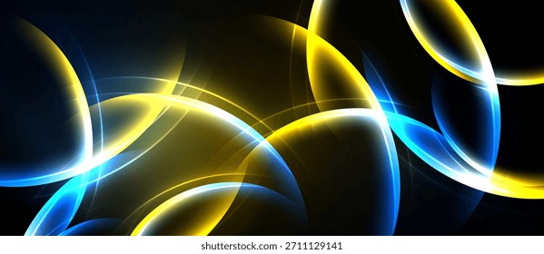 Abstract design features flowing curves, vibrant yellow, blue glows against dark background. Dynamic composition creates modern aesthetic.