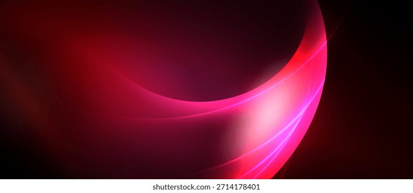 Abstract design features flowing curves, vibrant pinks, deep reds. Dramatic lighting creates dynamic visual impact. Minimalist composition.