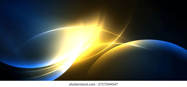 Abstract design features flowing curves, bright yellow, cool blue hues. Dynamic light creates energy, modern aesthetic.