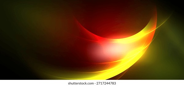 Abstract design features flowing curves, vibrant colors. Red, yellow, green blend into darkness. Dynamic composition creates energy, movement.