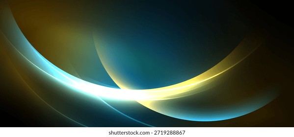 El diseño Abstractas presenta curvas fluidas, colores vibrantes. Los tonos dorados y azules se mezclan con el fondo oscuro. La luz irradia desde el centro.