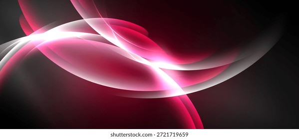 Abstraktes Design mit fließenden Kurven, lebendigen rosa, weißen auf dunklem Hintergrund. Dynamische Komposition ruft Energie, Bewegung hervor.