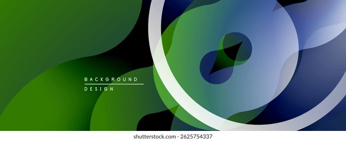 Abstract design features flowing green, blue shapes. Overlapping circles create dynamic visual effect. Minimal text present. Modern aesthetic.