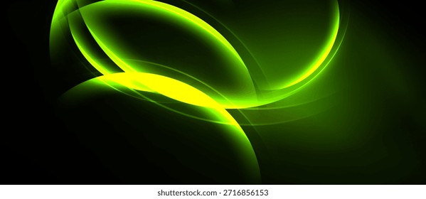 El diseño Abstractas presenta líneas verdes que fluyen, centro amarillo brillante. El fondo oscuro crea un contraste visual dramático, estética moderna.