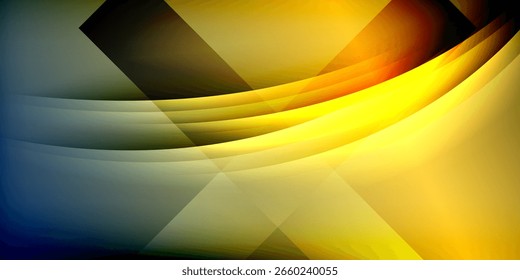 O design abstrato apresenta linhas fluindo, cores vibrantes, formas geométricas. Fundo escuro melhora a luminosidade, criando efeito visual dinâmico.