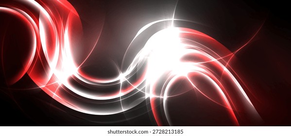 El diseño Abstractas presenta líneas rojas y blancas que fluyen contra el fondo oscuro. Las curvas dinámicas crean energía, efectos de luz.