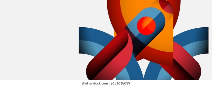 Abstract design features flowing ribbons, vibrant colors. Orange, red, blue elements create dynamic composition. Minimalist style, clean background.