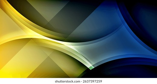 Abstract design features flowing shapes, vibrant colors, dark background. Yellow, blue, gray elements create dynamic composition.