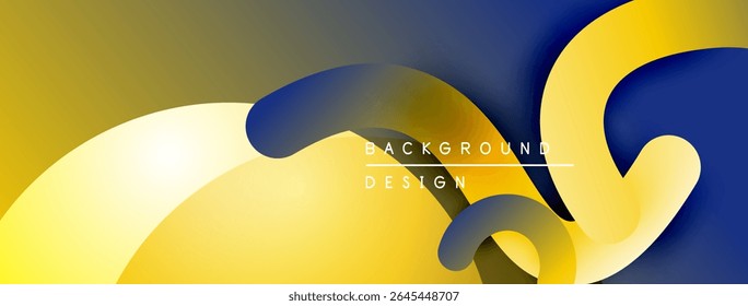 Abstract design features flowing shapes, yellow, navy, gold hues. Modern aesthetic, dynamic composition, clean lines present.
