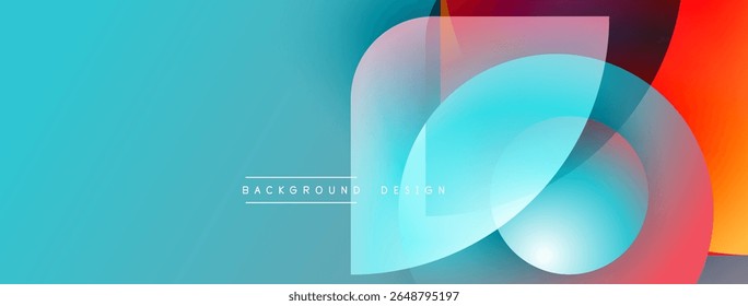 O design abstrato apresenta formas fluidas, cores vibrantes. O azul domina o plano de fundo, com acentos vermelhos e laranja. Composição moderna e dinâmica.