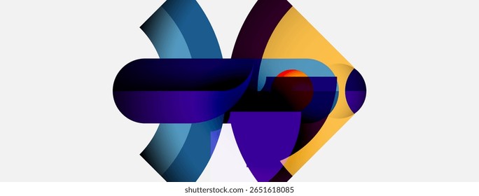 Abstract design features flowing shapes, vibrant colors. Purple, blue, yellow blend creating dynamic visual impact. Modern aesthetic.