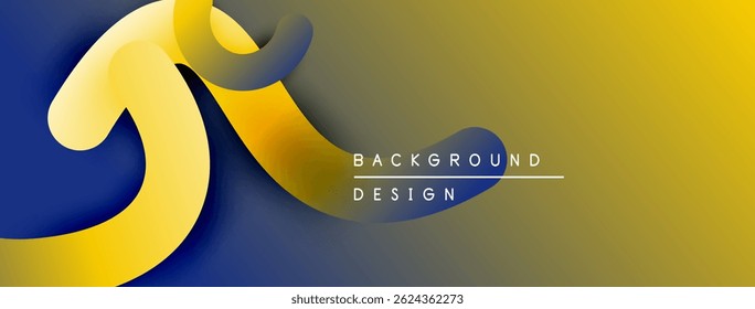 Abstract design features flowing yellow shapes over dark blue, gold gradient background. Text reads background design. Simple, modern aesthetic.