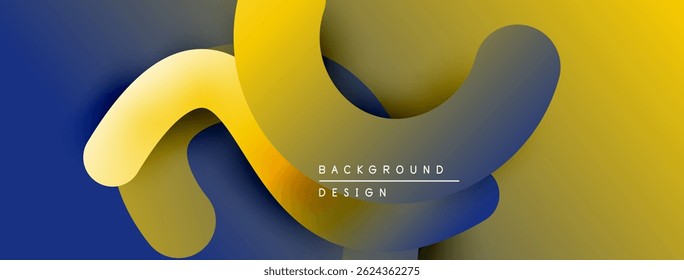 O design abstrato apresenta formas amarelas e azuis fluindo. Cores de gradiente criam profundidade, estética moderna. O texto lê o design do plano de fundo.