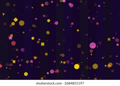 Abstract design features geometric shapes like circles, stars, triangles and squares floating on a purple striped background, festive and colorful design.