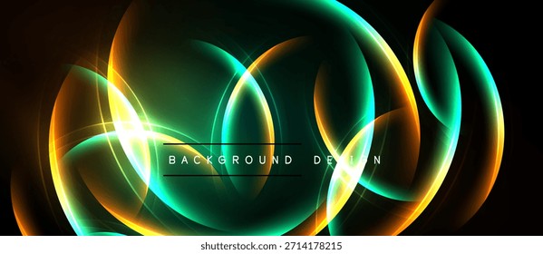 O design abstrato apresenta formas circulares brilhantes. Mistura de cores vivas, criando efeito visual dinâmico. Fundo escuro enfatiza elementos brilhantes.
