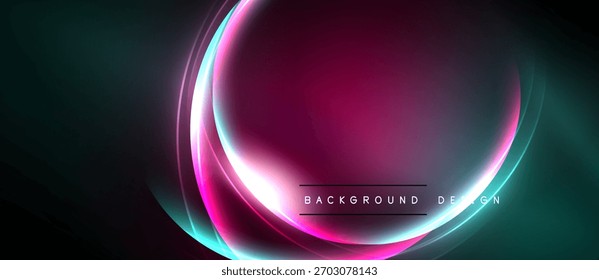 Abstract design features glowing curves, vibrant colors. Dark background emphasizes bright central shape, creating modern aesthetic.