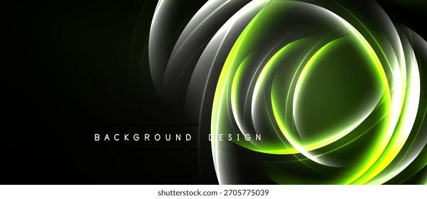 Abstract design features glowing green circles, layered shapes, dark background. Modern aesthetic, dynamic energy, visual impact.
