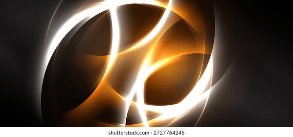 Abstract design features glowing orange, white swirls against dark background. Dynamic composition evokes energy, movement.