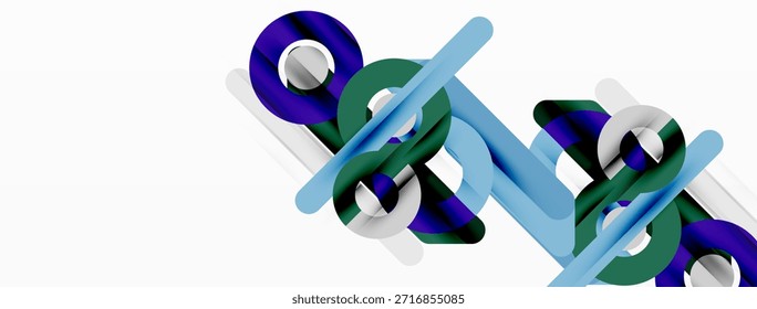 O design abstrato apresenta interseção de linhas coloridas, curvas e formas. Composição minimalista com fundo branco cria estética moderna.