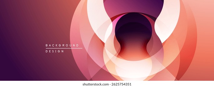 Abstract design features layered circles, gradients. Colors range from purple to orange, creating dynamic visual effect. Modern, minimalist style.