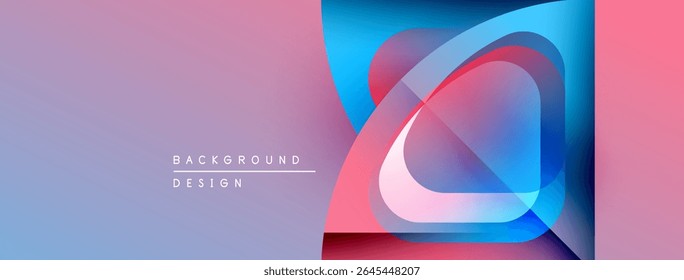 Abstract design features layered circles, vibrant colors. Gradient background transitions from purple to pink, blue hues present. Minimal text reads background design.