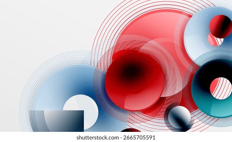 Design abstrato apresenta círculos em camadas, linhas. Tons vermelhos e azuis dominam a composição. Presença de elementos visuais modernos e dinâmicos.