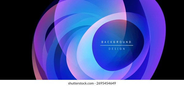 O design abstrato apresenta círculos em camadas. Blues vibrantes, roxas criam efeito visual dinâmico. O texto lê o design do plano de fundo.