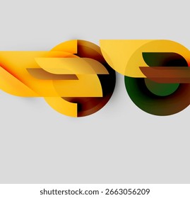 O design abstrato apresenta formas douradas em camadas. As curvas se sobrepõem criando um efeito visual dinâmico. O plano de fundo neutro enfatiza formas.