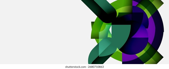 El diseño Abstractas presenta Formas verdes y moradas en capas. Las formas circulares dominan la composición, creando un efecto visual dinámico. Estilo minimalista.